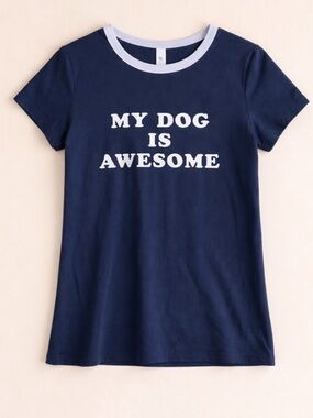 My Dog Is Awesome Graphic Wringer T-Shirt Woman Small Navy Blue Retro Baby Tee